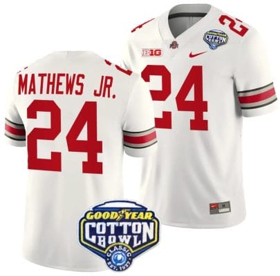 Jermaine Mathews Jr Jersey #24 Ohio State Buckeyes Cotton Bowl Patch 2023 Football White