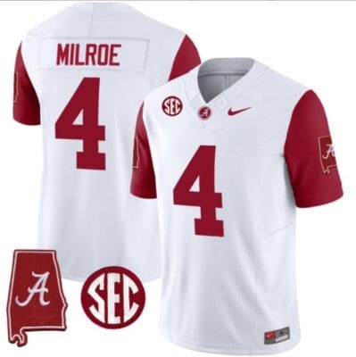 Jalen Milroe Jersey #4 Alabama Crimson Tide Vapor Stitched Football Alabama Map Crimson Sleeves