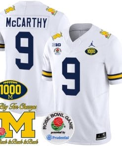 JJ McCarthy Jersey #9 Michigan Wolverines Vapor Stitched 1000 Wins Rose Bowl Patch White