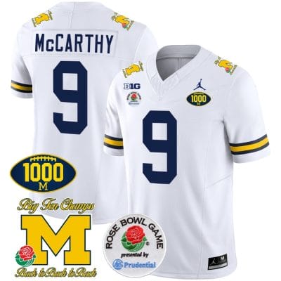 JJ McCarthy Jersey #9 Michigan Wolverines Vapor Stitched 1000 Wins Rose Bowl Patch White