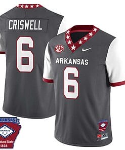 Jacolby Criswell Jersey #6 Arkansas Razorback Football Arkansas Patch White Sleeves