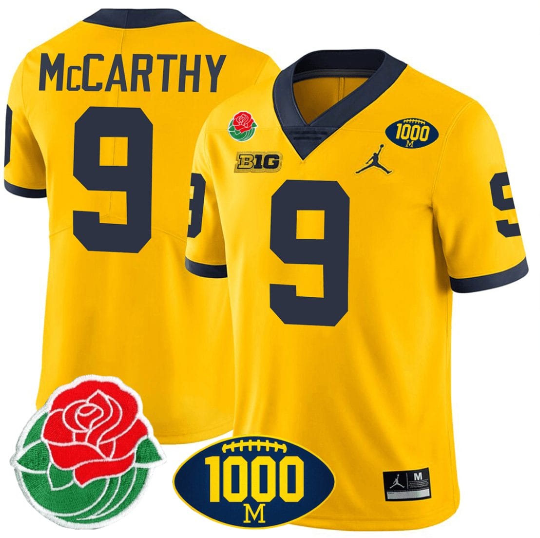 JJ McCarthy Jersey #9 Michigan Wolverines 1000 Wins & Rose Bowl Patch Special Yellow