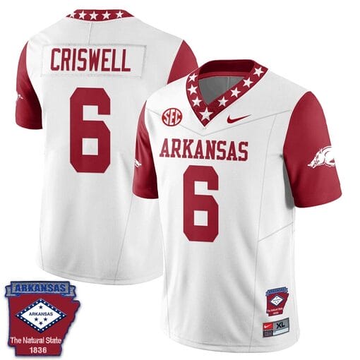 Jacolby Criswell Jersey #6 Arkansas Razorback Football Arkansas State Patch Red Sleeves