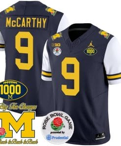 JJ McCarthy Jersey #9 Michigan Wolverines Vapor Stitched 1000 Wins Rose Bowl Patch White Sleeves