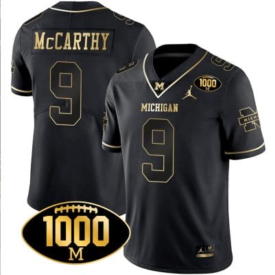 JJ McCarthy Jersey #9 Michigan Wolverines 1000 Wins Patch Football All Stitched Black Gold