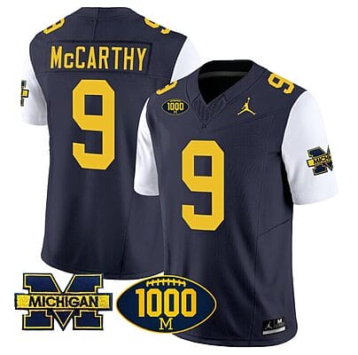 JJ McCarthy Jersey #9 Michigan Wolverines 1000 Wins Patch Vapor Limited Football White Sleeves