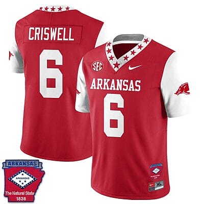 Jacolby Criswell Jersey #6 Arkansas Razorback Football Arkansas State Patch White Sleeves