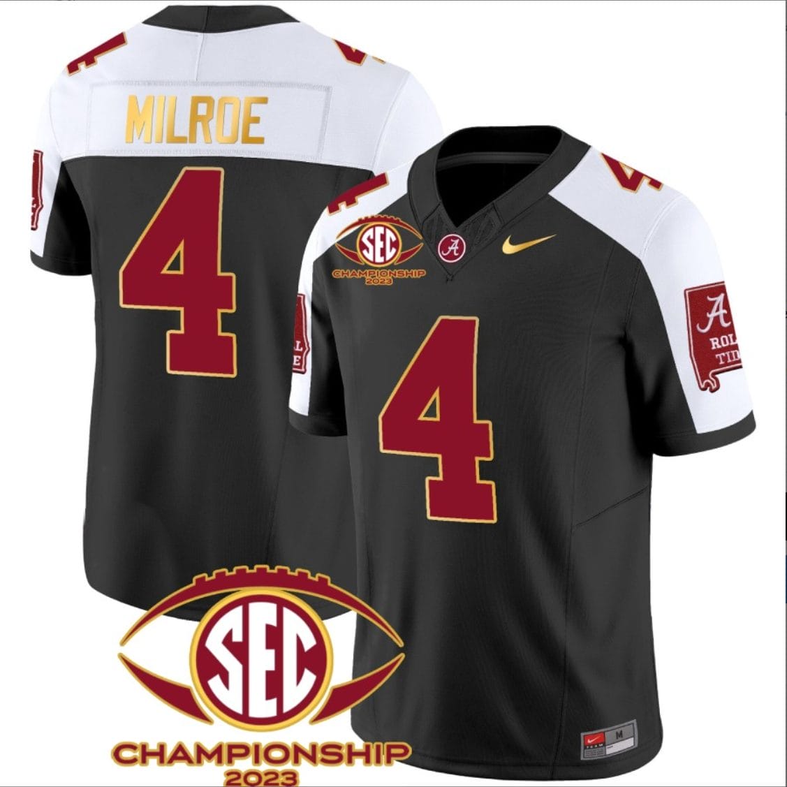 Jalen Milroe Jersey #4 Alabama Crimson SEC Championship 2023 Patch Vapor Gold Football Black Alternate