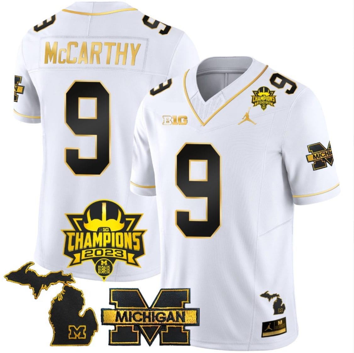 JJ McCarthy Jersey #9 Michigan Wolverines 2023 Big Ten Champions Patch Stitched White Gold