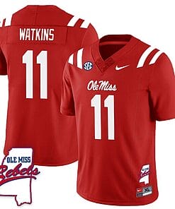 Jordan Watkins Jersey #11 Ole Miss Rebels Football Ole Map All Stitched Red