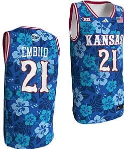 Joel Embiid Jersey #21 Kansas Jayhawks Bill Self Game College Basketball Blue Maui Strong