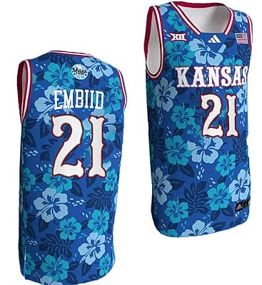 Joel Embiid Jersey #21 Kansas Jayhawks Bill Self Game College Basketball Blue Maui Strong