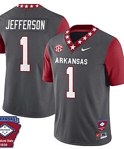 KJ Jefferson Jersey #1 Arkansas Razorback Football Arkansas State Patched All Stitched Red Sleeves