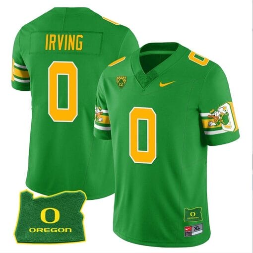 MarKeise Irving Jersey #0 Oregon Ducks ‘Mighty Oregon’ Throwback Football Uniforms Oregon State Patch Green