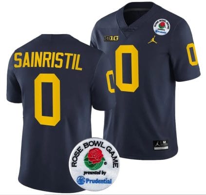 Mike Sainristil Jersey #0 Michigan Wolverines Rose Bowl 2024 Patch College Football Playoff Navy
