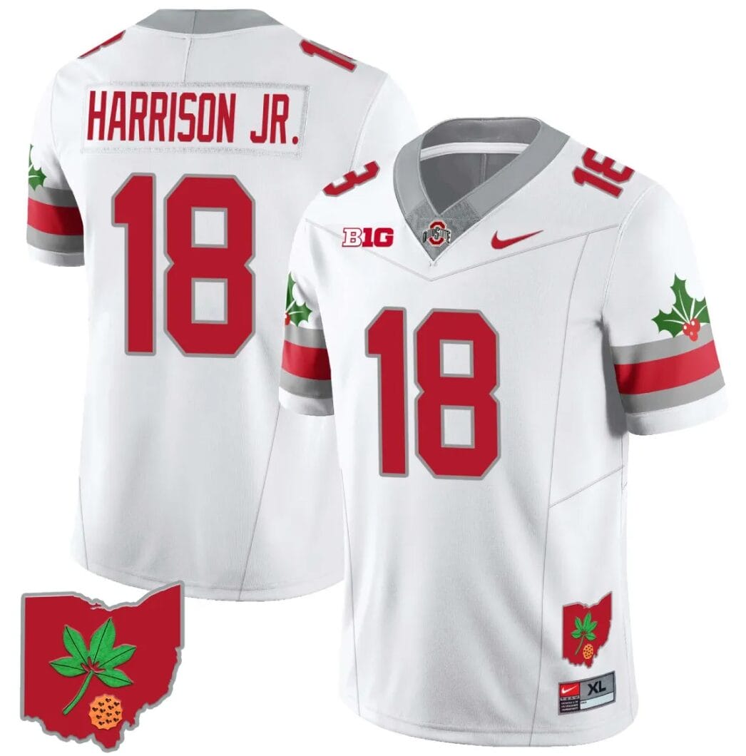 Marvin Harrison Jr Jersey #18 Ohio State Buckeyes Football Stitched Ohio Map Patch White Style 2