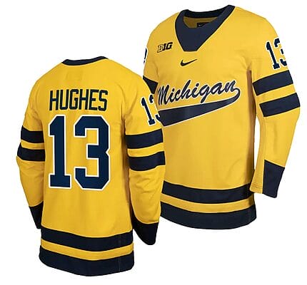 Michigan Wolverines TJ Hughes Jersey #13 Classic Hockey Maize Replica 2023-24