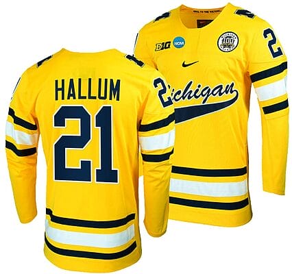 Michigan Wolverines Jackson Hallum Jersey #21 NCAA Hockey Tournament Maize 2023