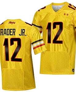 Maryland Terrapins Dante Trader Jr Jersey #12 College Football Gold 2023 Script Uniform