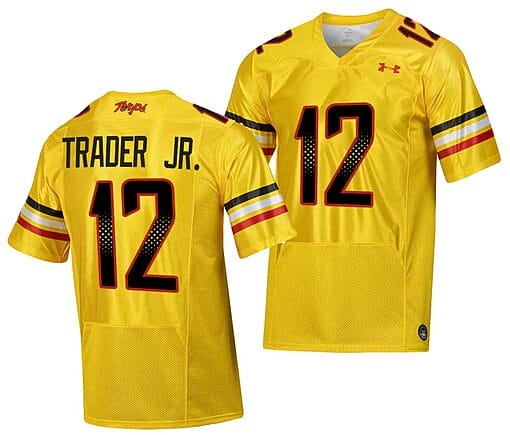 Maryland Terrapins Dante Trader Jr Jersey #12 College Football Gold 2023 Script Uniform