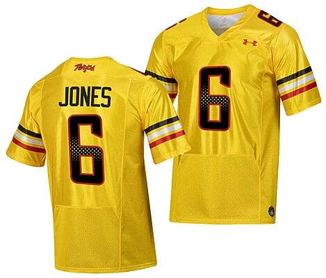 Maryland Terrapins Jeshaun Jones Jersey #6 College Football Gold 2023 Script Uniform