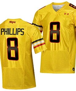 Maryland Terrapins Jordan Phillips Jersey #8 College Football Gold 2023 Script Uniform