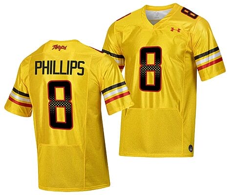 Maryland Terrapins Jordan Phillips Jersey #8 College Football Gold 2023 Script Uniform