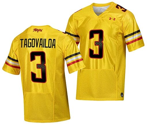Maryland Terrapins Taulia Tagovailoa Jersey #3 College Football Gold 2023 Script Uniform