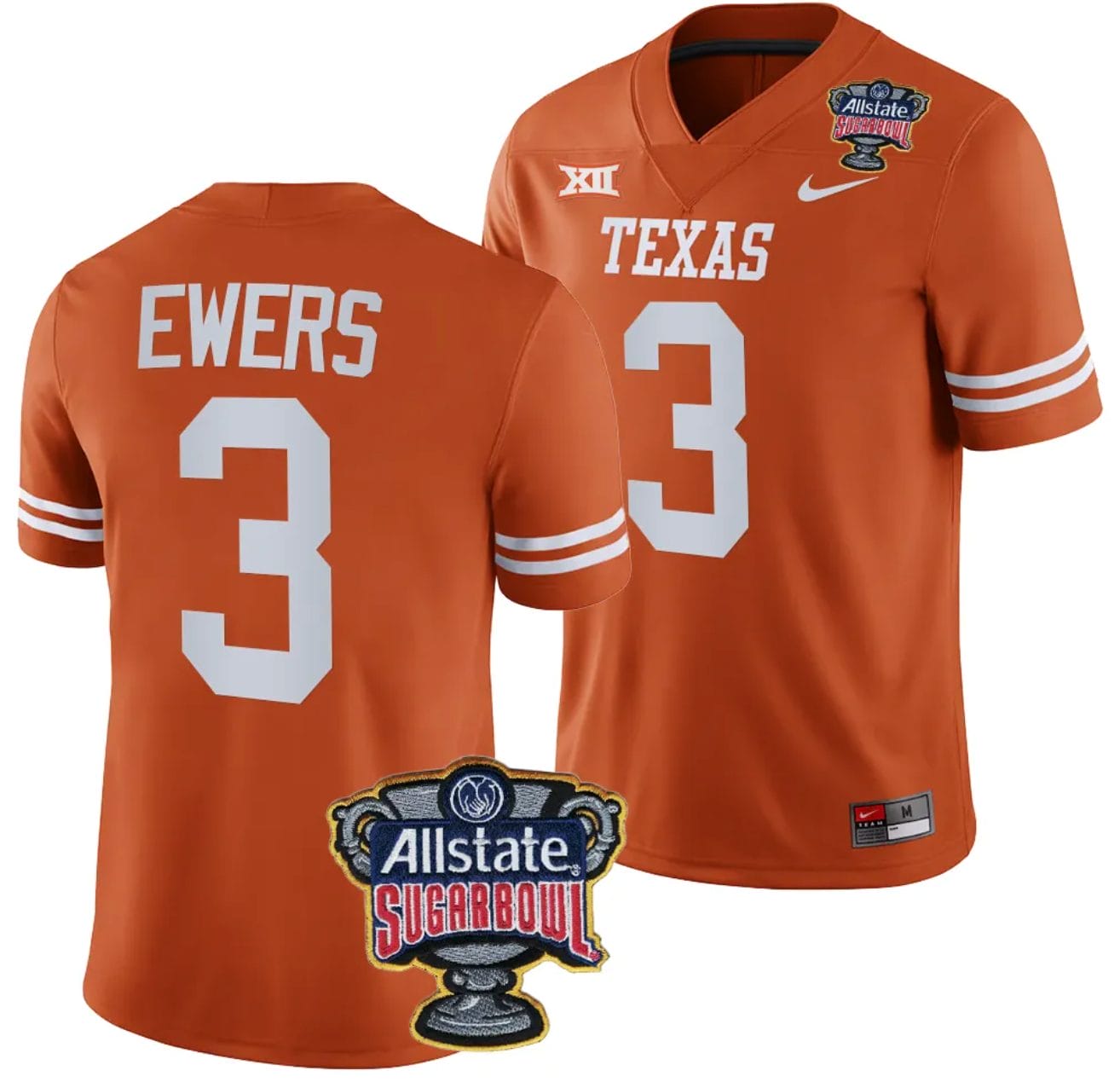Quinn Ewers Jersey #3 Texas Longhorns Allstate Sugar Bowl Patch 2024 College Football Orange
