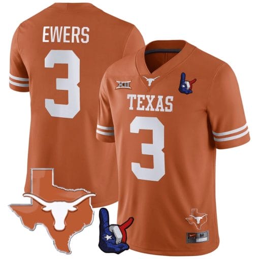 Quinn Ewers Jersey #3 Texas Longhorns Texas State Map and Throwing Up The H Patch Football Orange