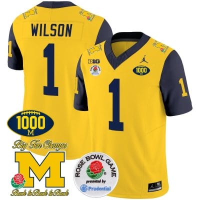 Roman Wilson Jersey #1 Michigan Wolverines Vapor Stitched 1000 Wins Rose Bowl Patch Navy Sleeves