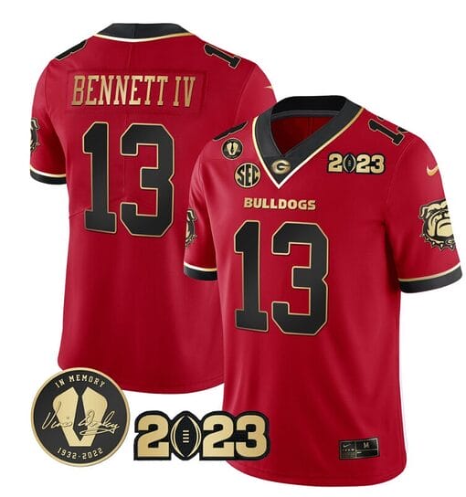 Stetson Bennett Jersey #13 Georgia Bulldogs Football 2023 and Vince Dooley Patch Black Red All Stitched