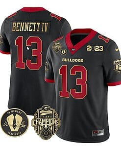 Stetson Bennett Jersey #13 Georgia Bulldogs Football 2023 Champions and Vince Dooley Patch Gold Trim All Stitched