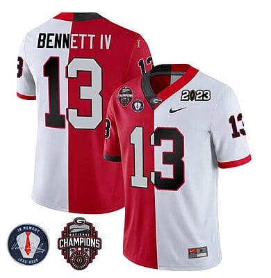 Stetson Bennett Jersey #13 Georgia Bulldogs Football 2023 Champions and Vince Dooley Patch Split Red White All Stitched