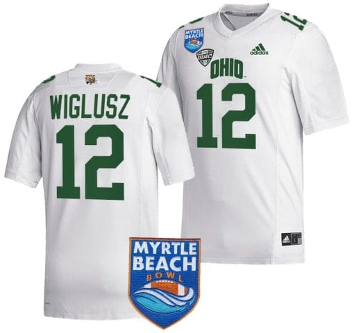Sam Wiglusz Jersey #12 Ohio Bobcats 2023 Myrtle Beach Bowl Patch MVP Football White