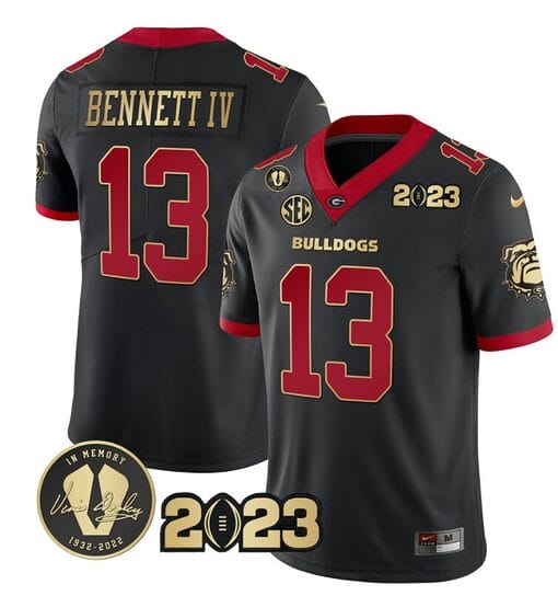 Stetson Bennett Jersey #13 Georgia Bulldogs Football 2023 and Vince Dooley Patch Black Gold Trim All Stitched