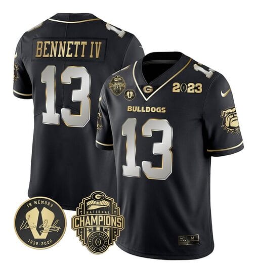 Stetson Bennett Jersey #13 Georgia Bulldogs Football 2023 Champions and Vince Dooley Patch Black Limited All Stitched