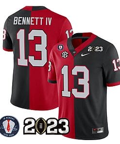 Stetson Bennett Jersey #13 Georgia Bulldogs Football 2023 and Vince Dooley Patch Split Red Black All Stitched