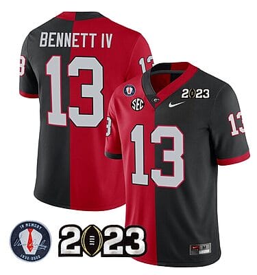 Stetson Bennett Jersey #13 Georgia Bulldogs Football 2023 and Vince Dooley Patch Split Red Black All Stitched