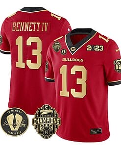 Stetson Bennett Jersey #13 Georgia Bulldogs Football 2023 Champions and Vince Dooley Patch Red Gold All Stitched