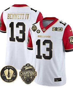 Stetson Bennett Jersey #13 Georgia Bulldogs Football 2023 Champions and Vince Dooley Patch Red Sleeves All Stitched