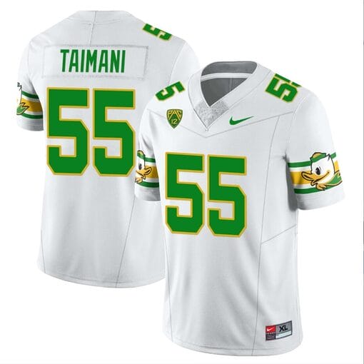 Sam Taimani Jersey #55 Jersey Oregon Ducks ‘Mighty Oregon’ Throwback College Football Uniforms White