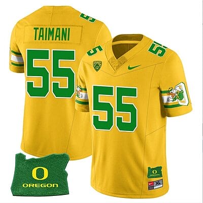 Sam Taimani Jersey #55 Oregon Ducks ‘Mighty Oregon’ Throwback Football Uniforms Oregon State Patch Yellow