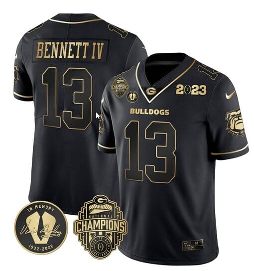 Stetson Bennett Jersey #13 Georgia Bulldogs Football 2023 Champions and Vince Dooley Patch Black Gold All Stitched