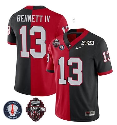 Stetson Bennett Jersey #13 Georgia Bulldogs Football 2023 Champions and Vince Dooley Patch Split Red Black All Stitched