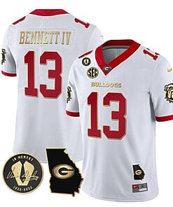 Stetson Bennett Jersey #13 Georgia Bulldogs Football Vince Dooley Patch Georgia Map White Gold Trim All Stitched