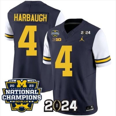 Jim Harbaugh Jersey #4 Michigan Wolverines Vapor Limited Football 2024 National Champions Patch White Sleeves