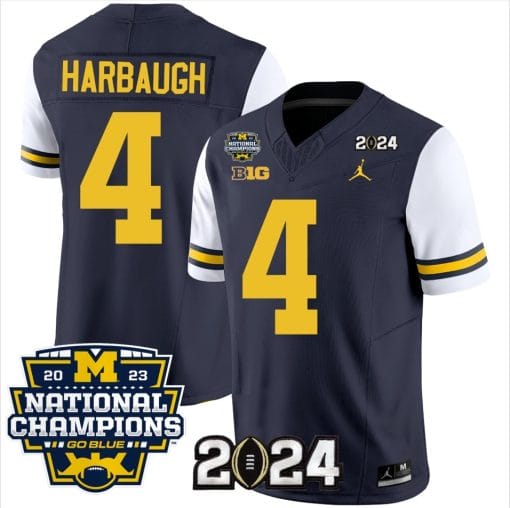 Jim Harbaugh Jersey #4 Michigan Wolverines Vapor Limited Football 2024 National Champions Patch White Sleeves