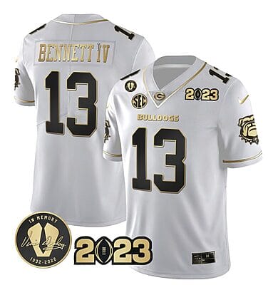 Stetson Bennett Jersey #13 Georgia Bulldogs Football White Gold All Stitched