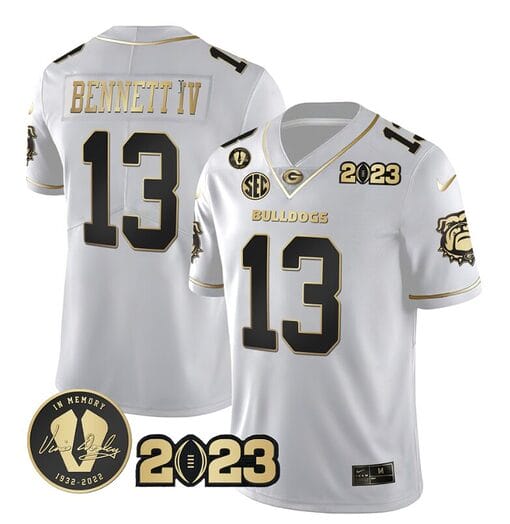 Stetson Bennett Jersey #13 Georgia Bulldogs Football White Gold All Stitched
